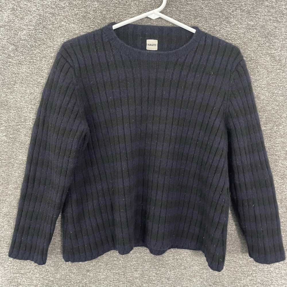 Khaite Sweater Womens Medium Blue 100% Cashmere Stripe Crewneck Knit Pullover
